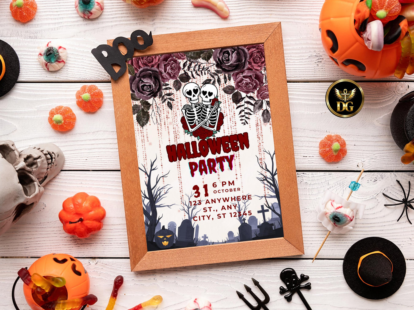 Spooky Halloween Party Invitation | Skeleton Couple Invite | Gothic Adult Halloween Card | Printable Editable Template