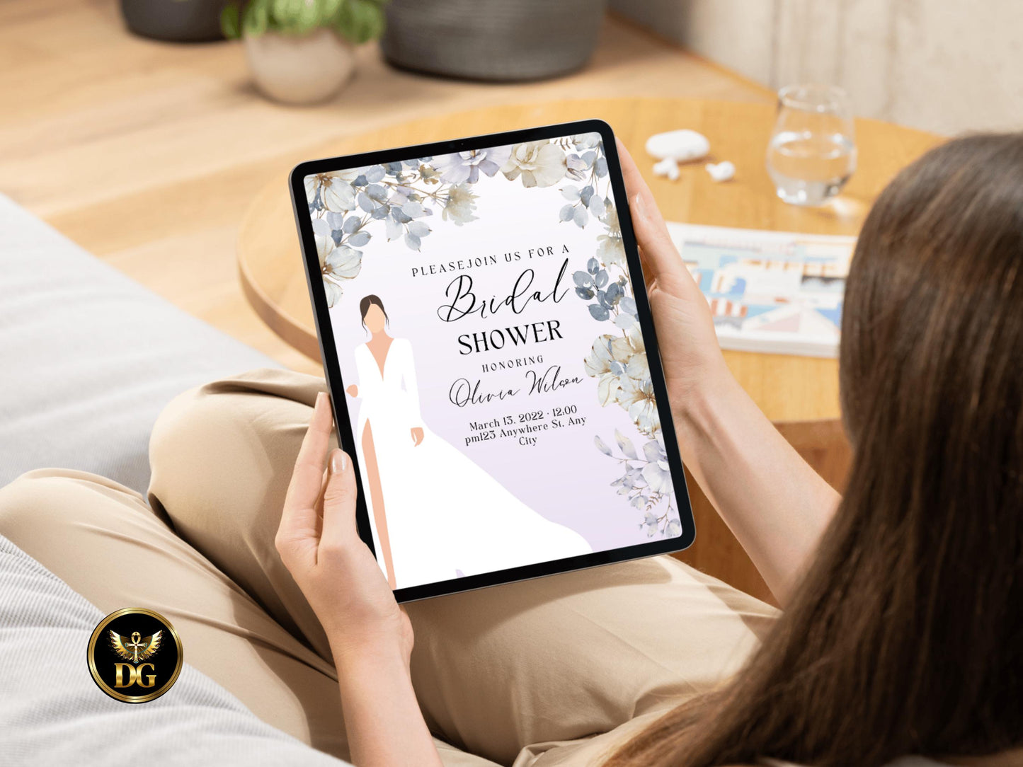 Bridal Shower Invitation Set | Elegant Bride in White Dress | Mauve Floral Wedding Shower Bundle | Printable Editable Template