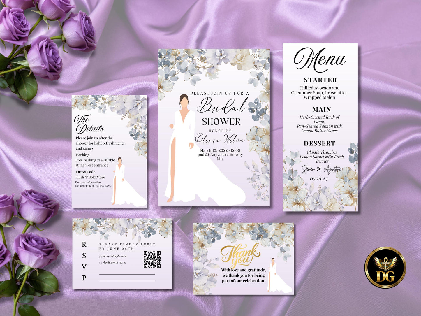 Bridal Shower Invitation Set | Elegant Bride in White Dress | Mauve Floral Wedding Shower Bundle | Printable Editable Template