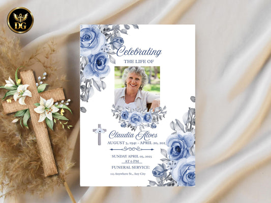 Editable Funeral Invitation: White & Blue Cross, Photo Memorial Card (Printable Template)