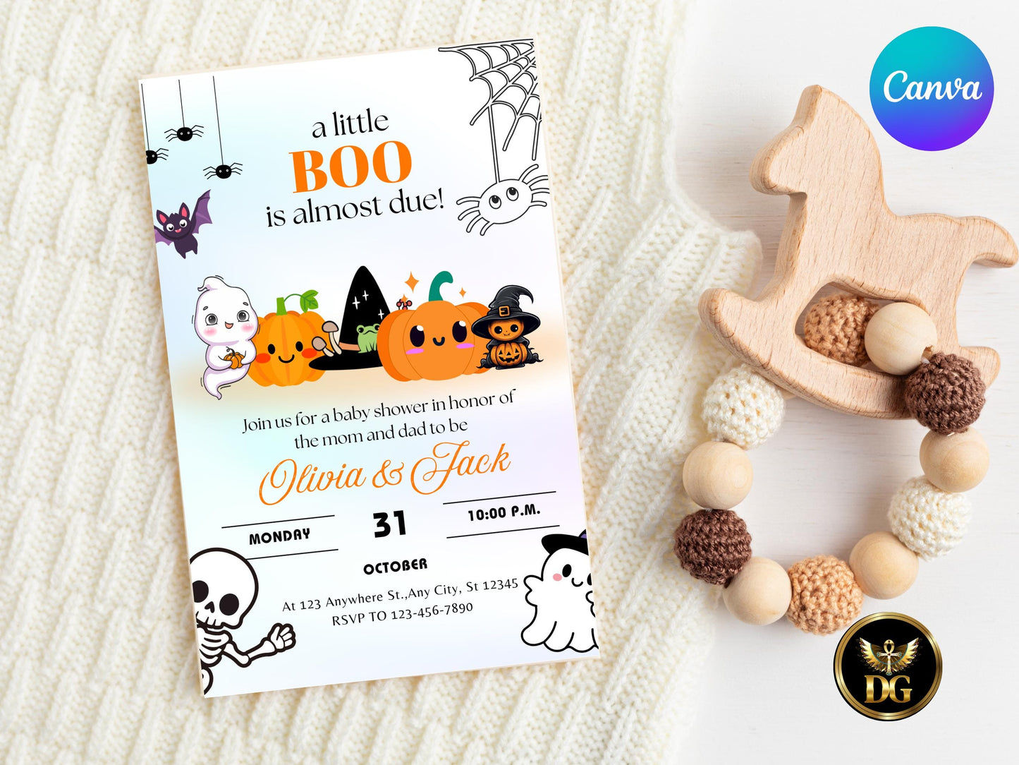 Spooky Halloween Baby Shower Invitation Little Boo is Almost Due Digital Download Customizable Printable TemplatePrintable Template Editable