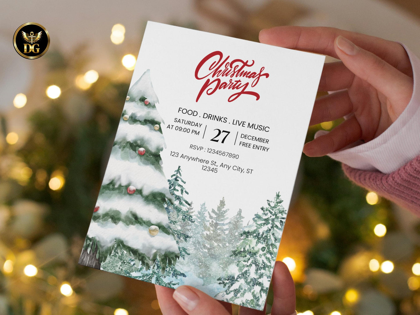 Christmas Party Invitation, Editable Canva Template, Snow Pine Holiday Invite, Printable Winter Card