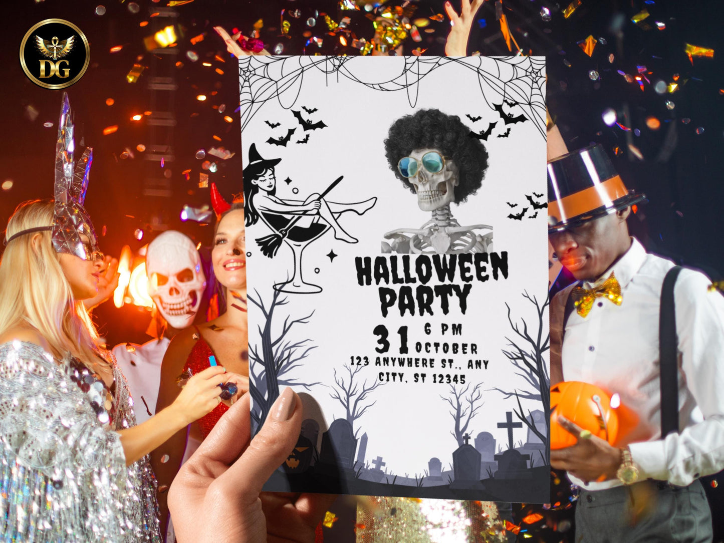 Spooky Halloween Party Invitation, Skeleton & Witch Design, Editable Canva Template, Dark Elegant Halloween Invite