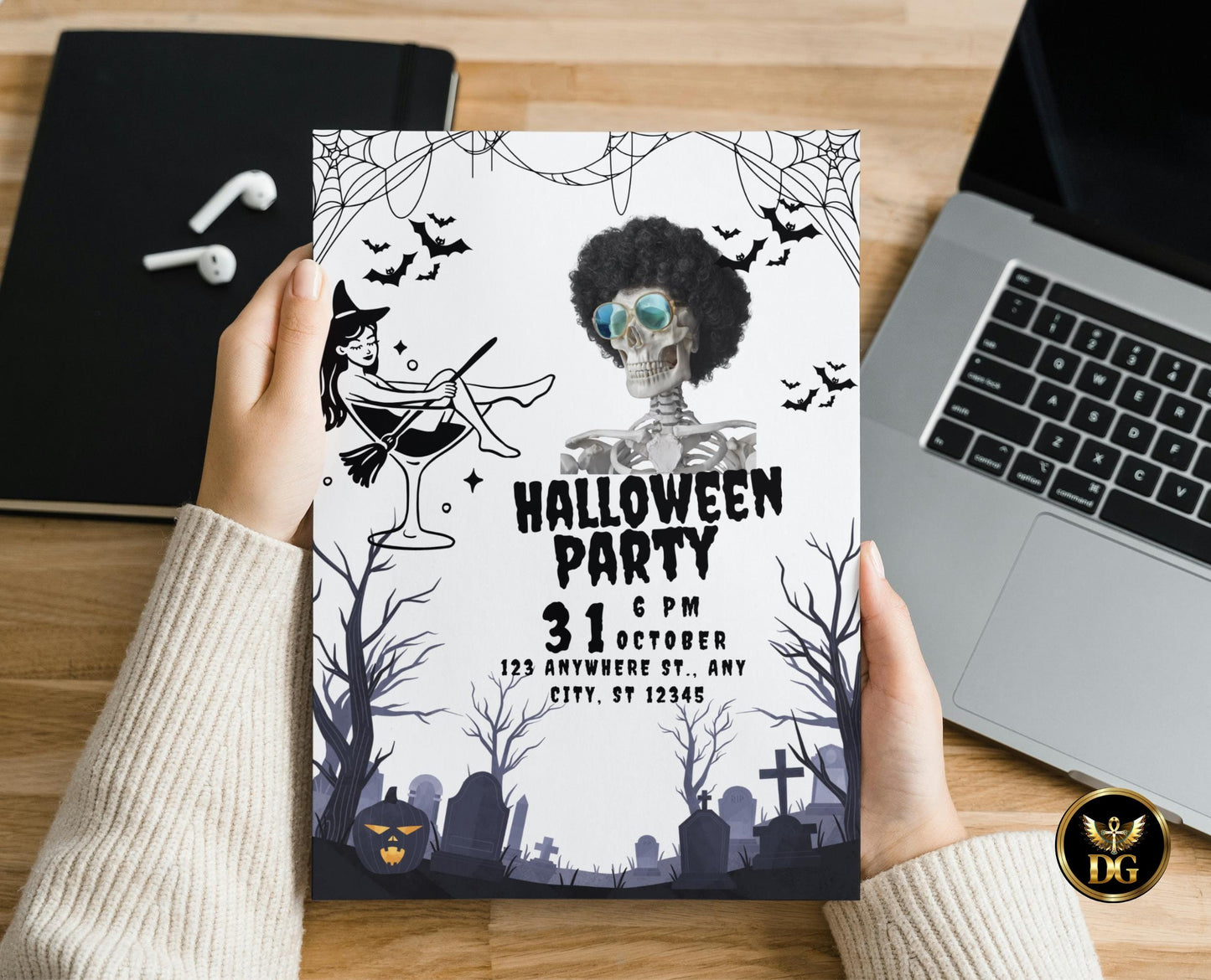 Spooky Halloween Party Invitation, Skeleton & Witch Design, Editable Canva Template, Dark Elegant Halloween Invite