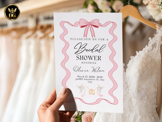 Elegant Wavy Ribbon Bridal Shower Invitation | Pink Bow Frame Set with RSVP & Details Cards | Feminine Minimalist Pre-Wedding Party Template