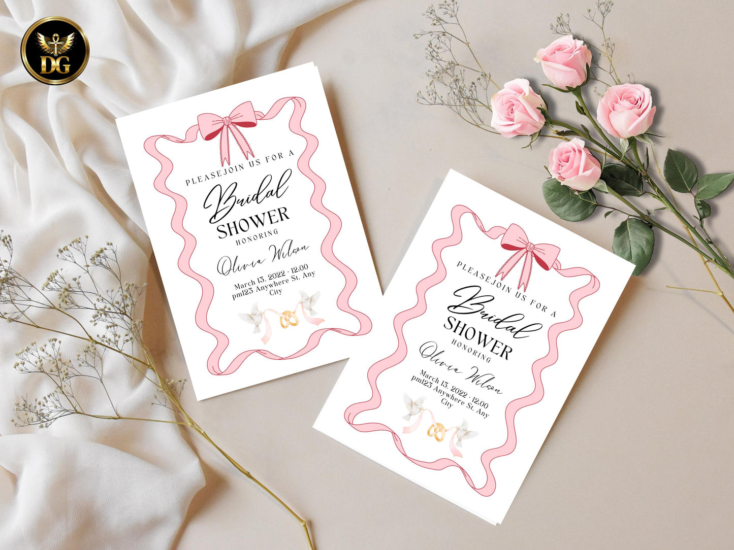 Elegant Wavy Ribbon Bridal Shower Invitation | Pink Bow Frame Set with RSVP & Details Cards | Feminine Minimalist Pre-Wedding Party Template