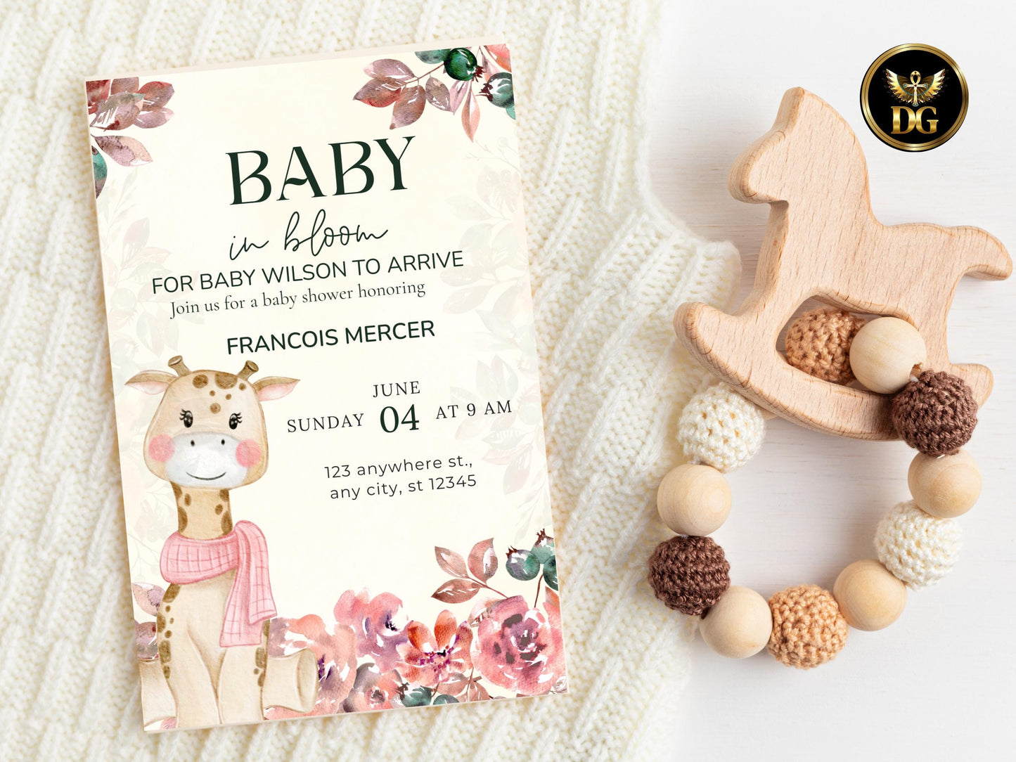 Baby in Bloom Baby Shower Invitation | Gender Neutral Yellow Giraffe Floral Theme | Editable Template