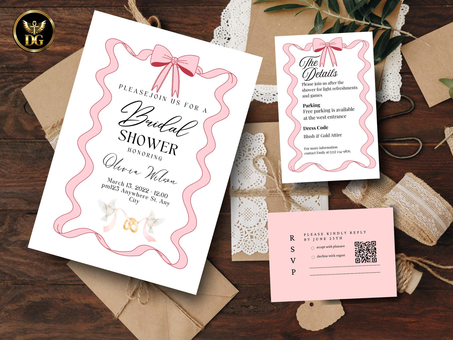 Elegant Wavy Ribbon Bridal Shower Invitation | Pink Bow Frame Set with RSVP & Details Cards | Feminine Minimalist Pre-Wedding Party Template
