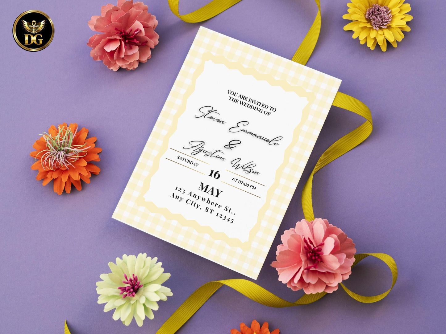 Yellow Plaid Wedding Invitation Suite | Minimalist Checkered Wedding Template with RSVP & Details | Printable Digital Download