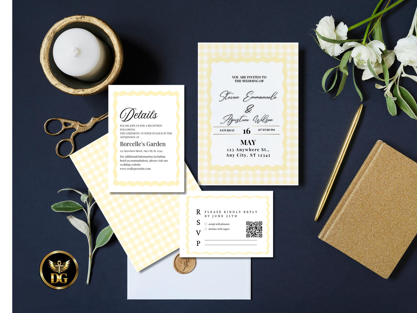 Yellow Plaid Wedding Invitation Suite | Minimalist Checkered Wedding Template with RSVP & Details | Printable Digital Download
