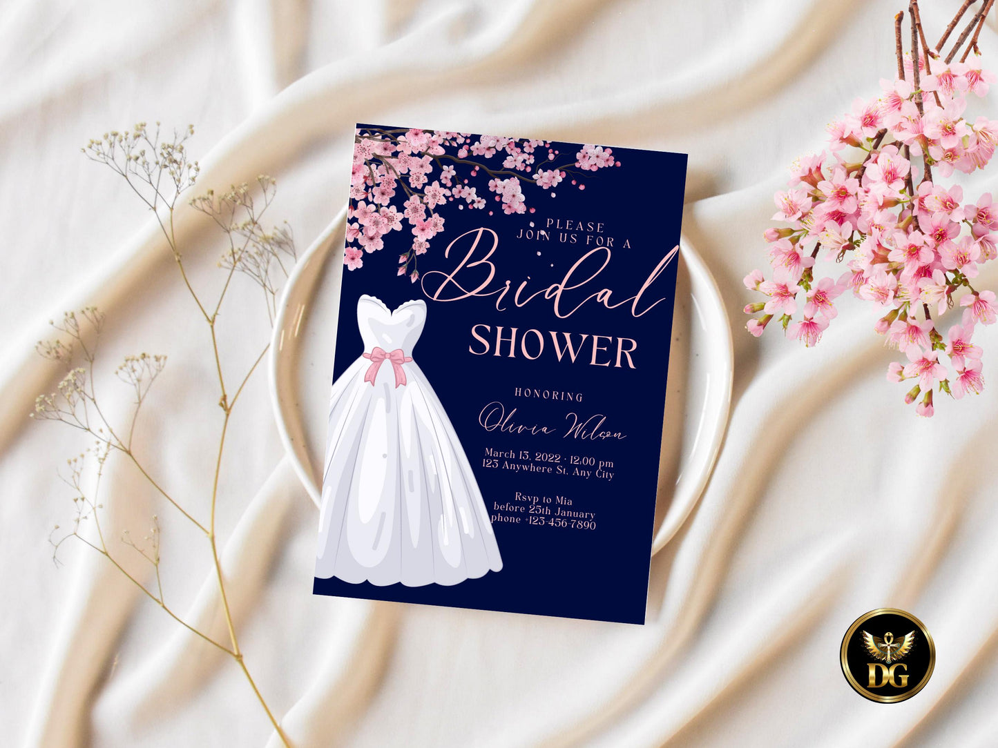 Dusty Rose Bridal Shower Invitation: Cherry Blossom, Navy Digital Template Printable Invitation Template Editable Canva Instant Download