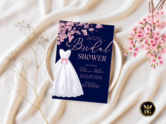 Dusty Rose Bridal Shower Invitation: Cherry Blossom, Navy Digital Template Printable Invitation Template Editable Canva Instant Download