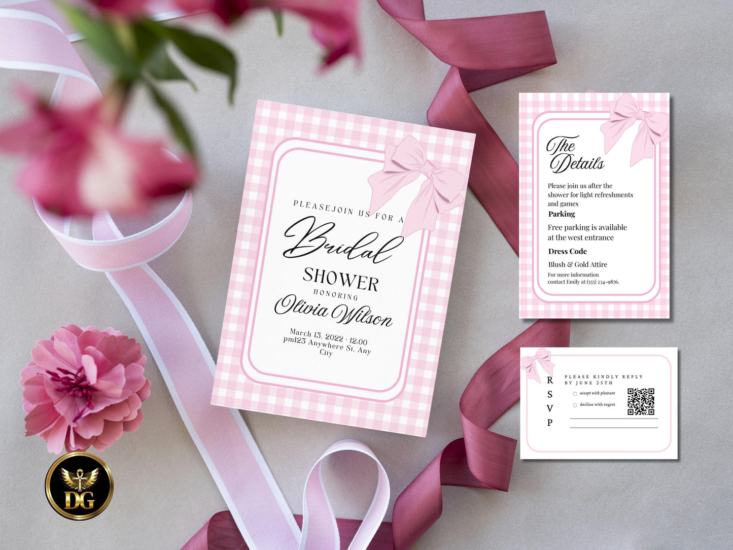 Pink Bow Bridal Shower Invitation Template | Elegant Editable Invite with Details & RSVP | Printable Digital Download