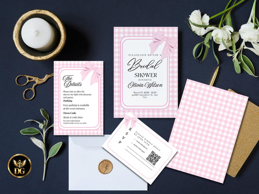 Pink Bow Bridal Shower Invitation Template | Elegant Editable Invite with Details & RSVP | Printable Digital Download