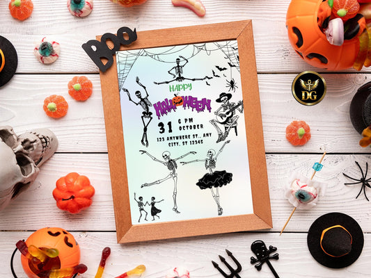 Halloween Party Invitation | Dancing Skeletons Editable Template | Spooky Printable Download