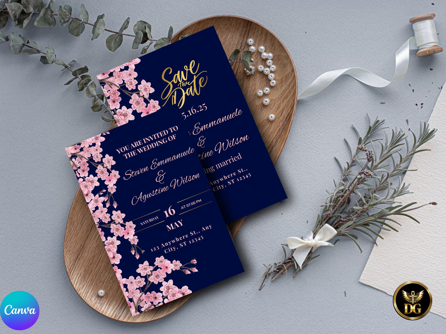 Navy CherryBlossom Wedding Invitation Suite Editable Template (Digital Download)Printable Invitation Template Editable Canva InstantDownload
