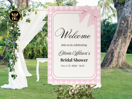 Pink Bow Bridal Shower Welcome Sign, Printable Bridal Shower Sign, Editable Canva Template, Modern Bridal Shower Decor