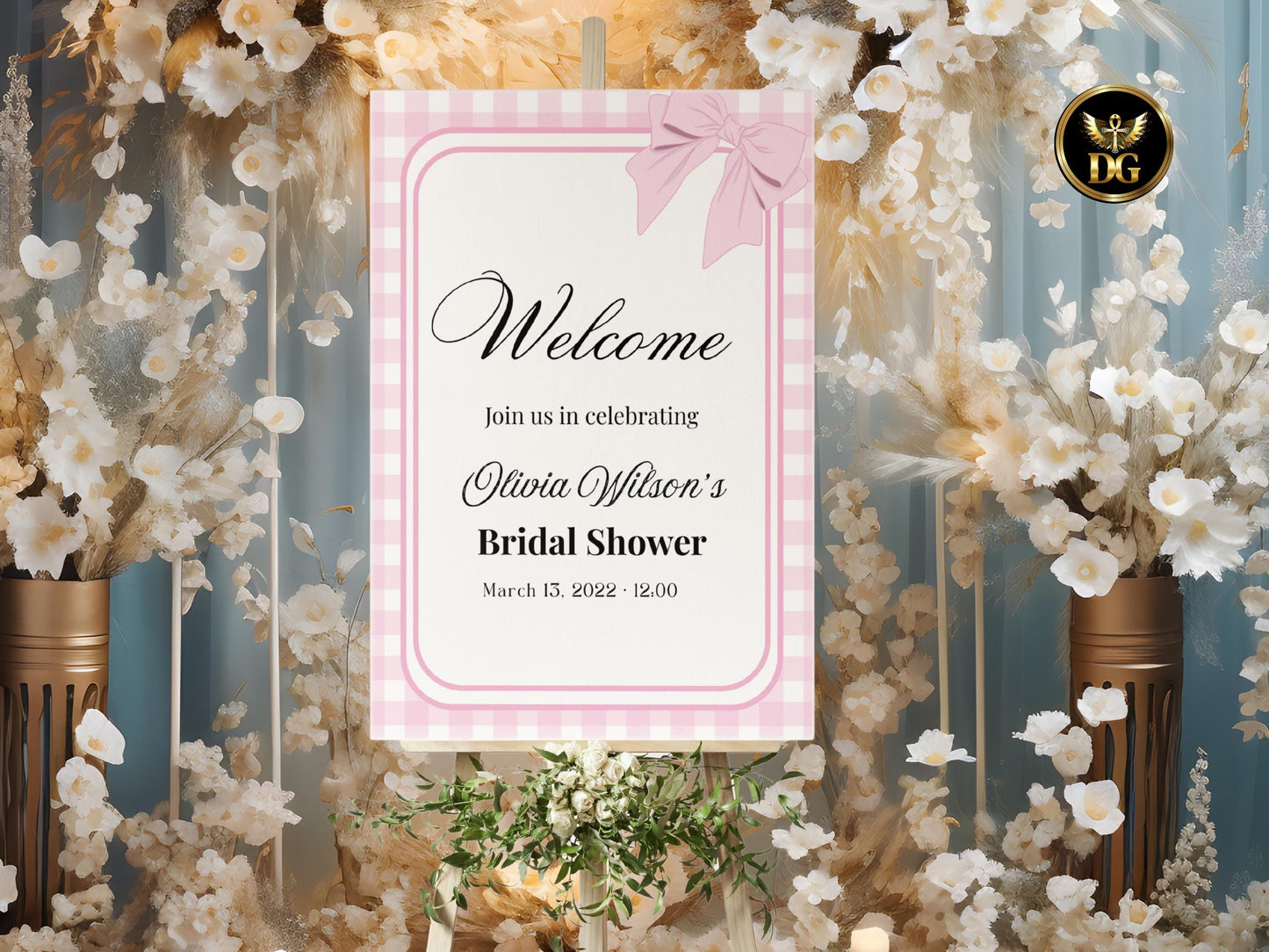 Pink Bow Bridal Shower Welcome Sign, Printable Bridal Shower Sign, Editable Canva Template, Modern Bridal Shower Decor