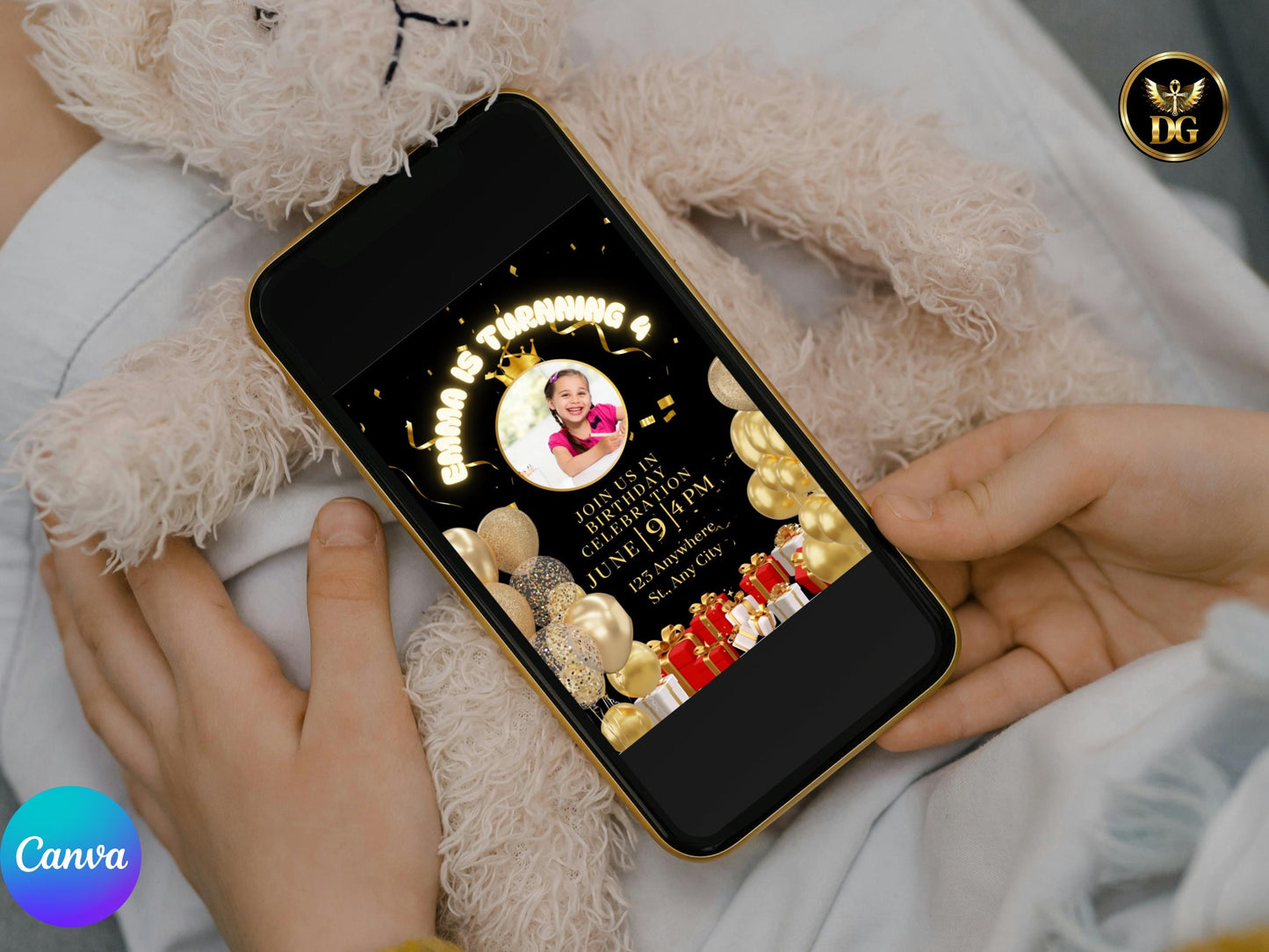 Black and Gold Birthday Invitation Template: Editable Party Invite (Digital Download, Canva Template)Printable Invitation Template Editable