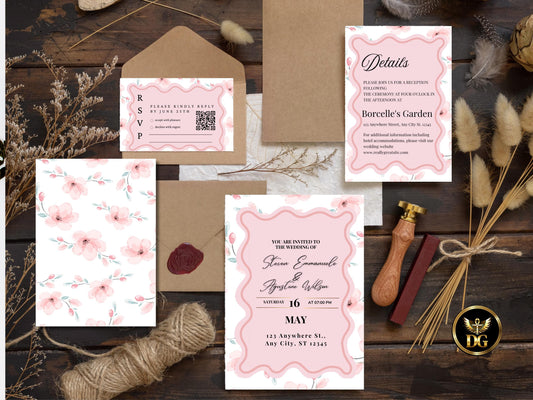 Wave Label Wedding Invitation Template Set Pink Floral Wedding Invitation Template Download, Editable Modern Wedding Invite Instant Download