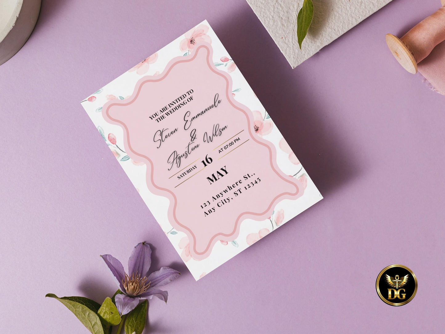 Wave Label Wedding Invitation Template Set Pink Floral Wedding Invitation Template Download, Editable Modern Wedding Invite Instant Download