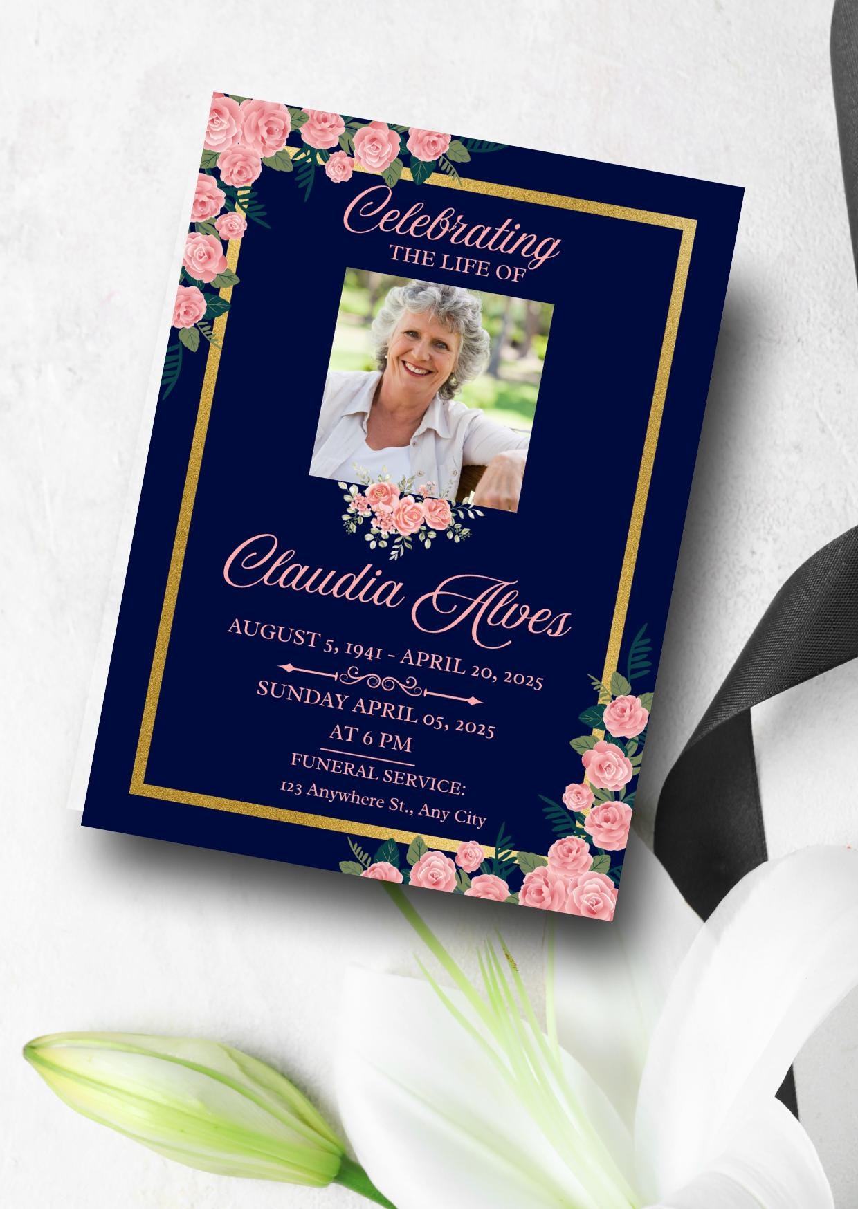 Navy&Pink Roses Funeral Invitation Template: Editable Celebration of Life Card (Digital DownloadPrintable Invitation Template Editable Canva