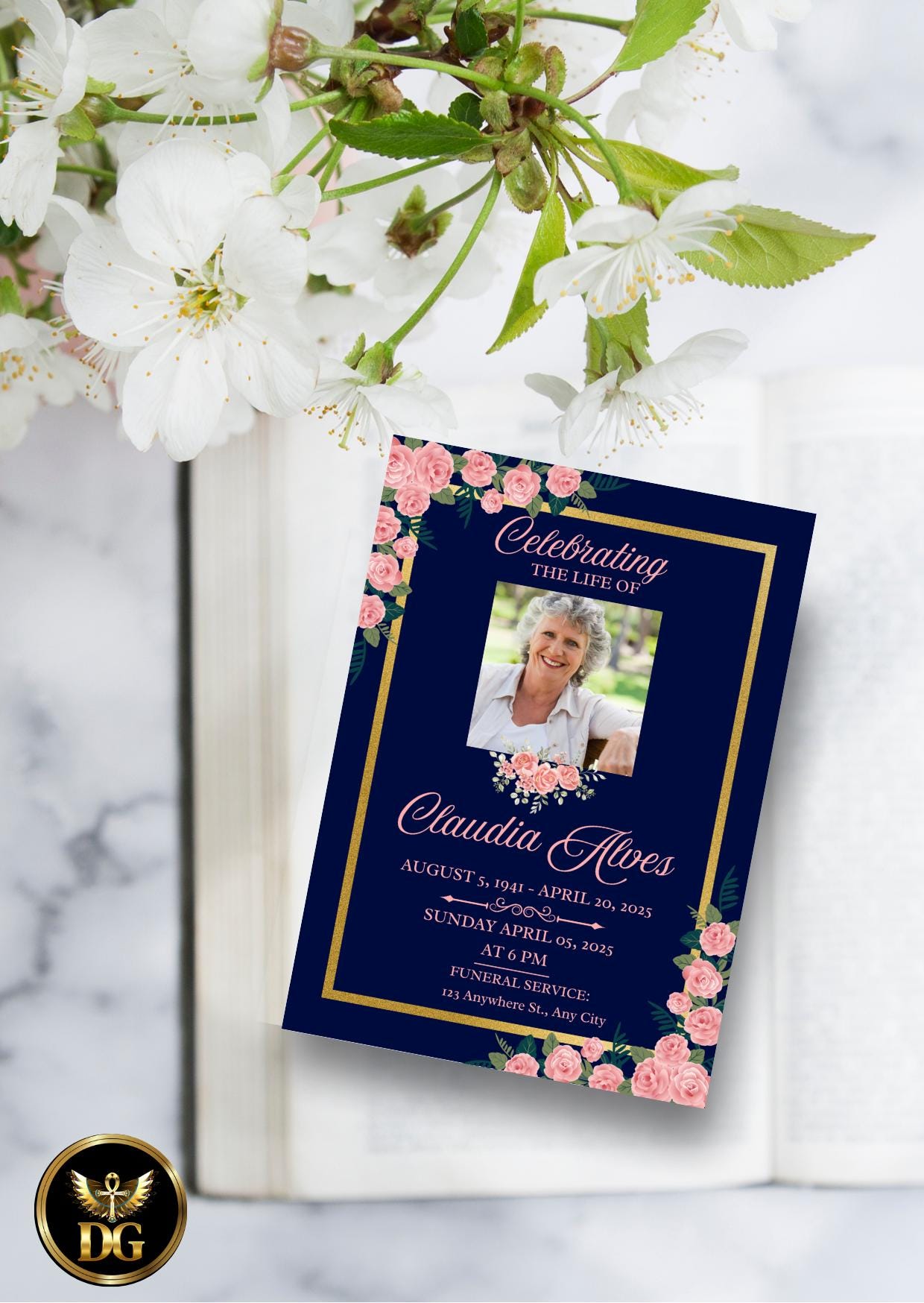 Navy&Pink Roses Funeral Invitation Template: Editable Celebration of Life Card (Digital DownloadPrintable Invitation Template Editable Canva