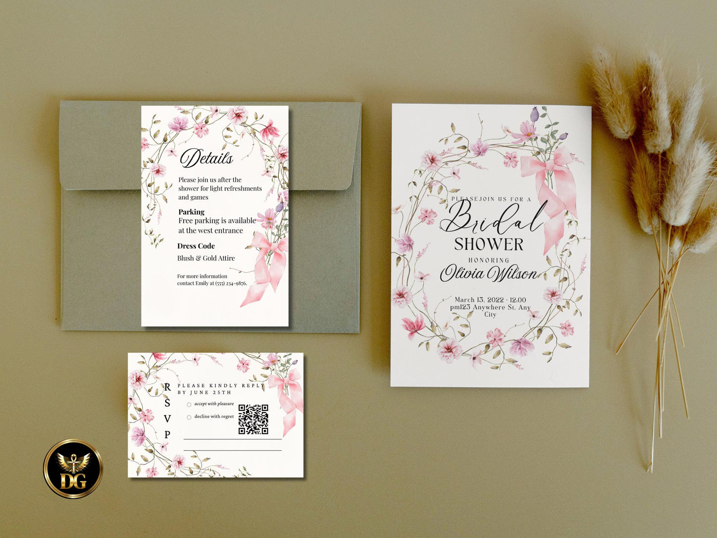 Bridal Shower Invitation | Elegant Pink Floral Frame with Bow RSVP & Details Card Set  Printable Wedding Shower Invitation Editable Template