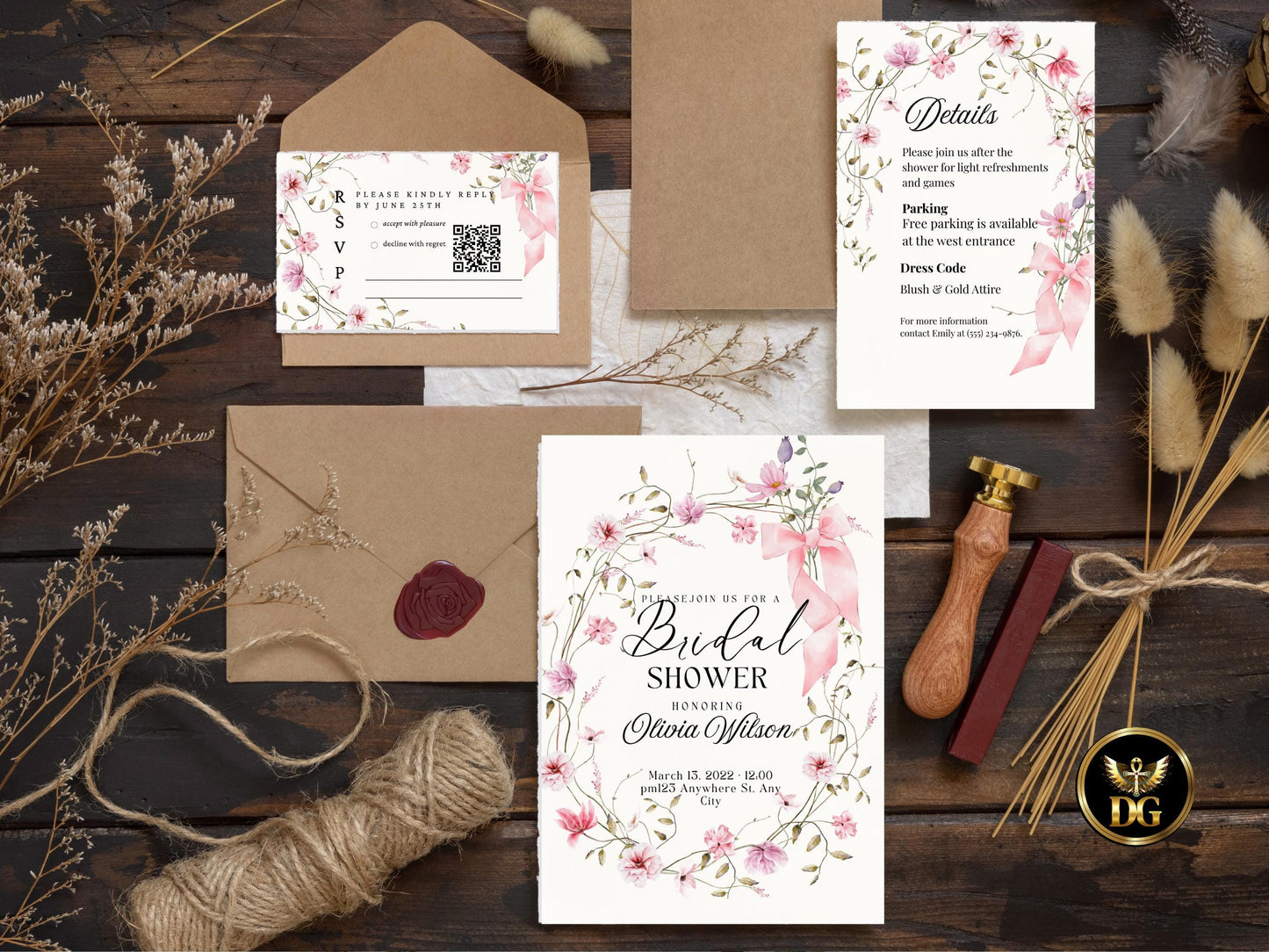 Bridal Shower Invitation | Elegant Pink Floral Frame with Bow RSVP & Details Card Set  Printable Wedding Shower Invitation Editable Template