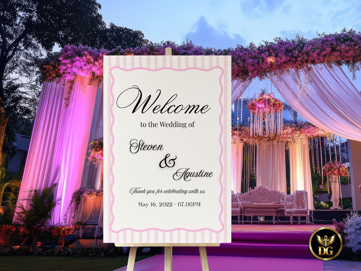 Pink Striped Wedding Welcome Sign – Modern Wave Label, Matching Wedding Invitation Set, Editable Canva Template, Instant Download