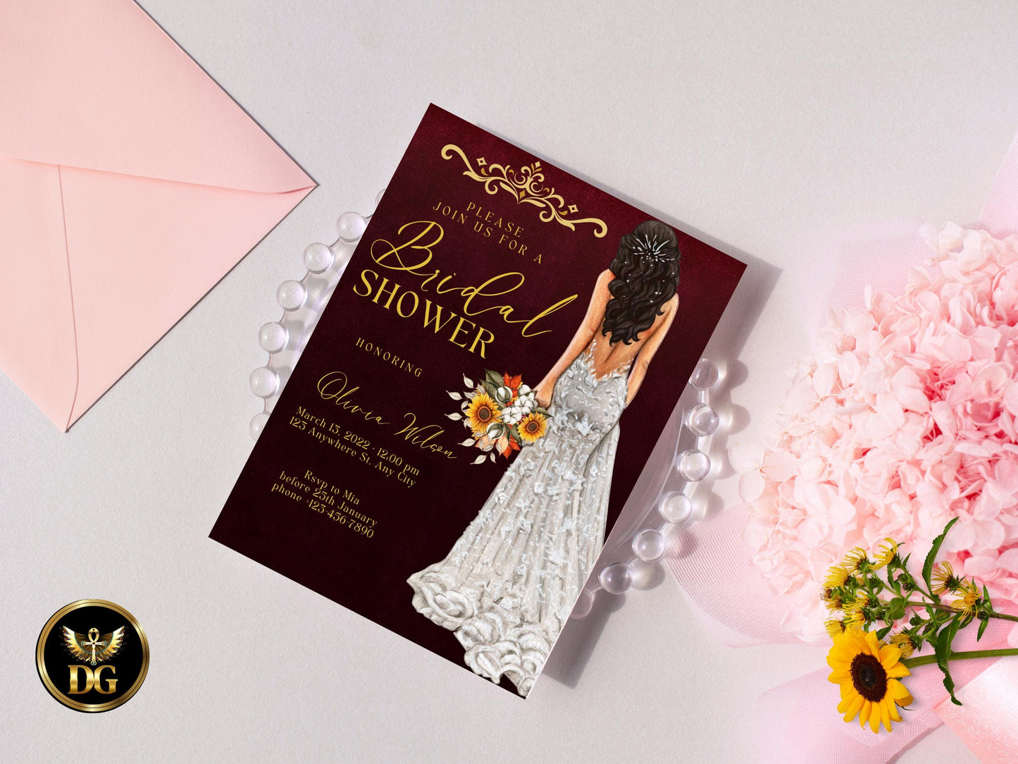 Burgundy Floral Bridal Shower Invitation Template: Sunflower Bohemian Evite (Digital Download Printable Invitation Template Editable Canva