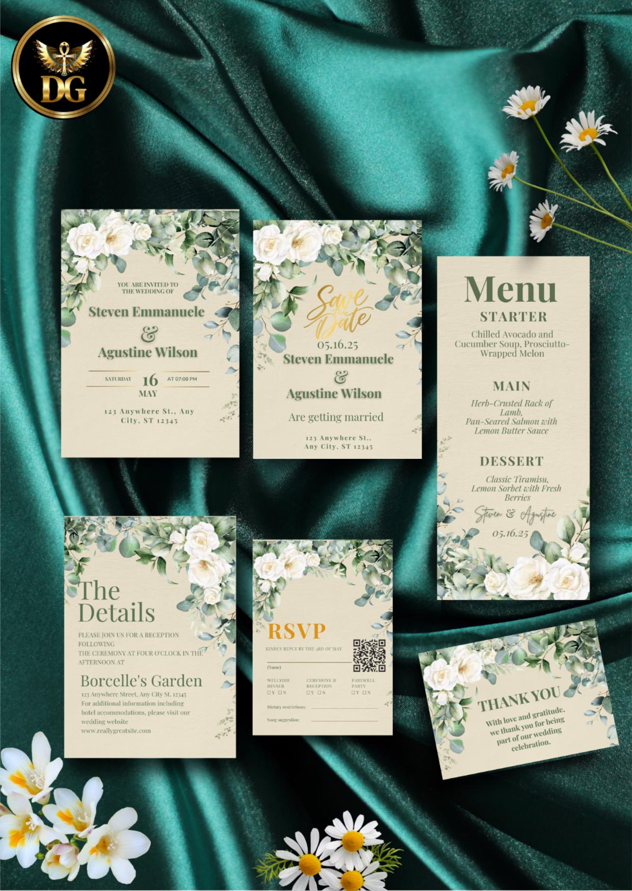 White Floral Wedding Invitation Suite: Eucalyptus Greenery (Digital Download) Printable Invitation Template Editable Canva Instant Download