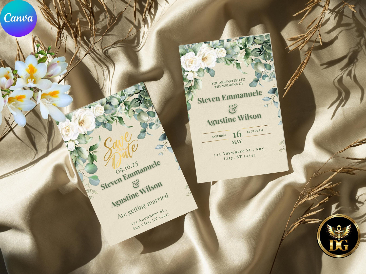 White Floral Wedding Invitation Suite: Eucalyptus Greenery (Digital Download) Printable Invitation Template Editable Canva Instant Download