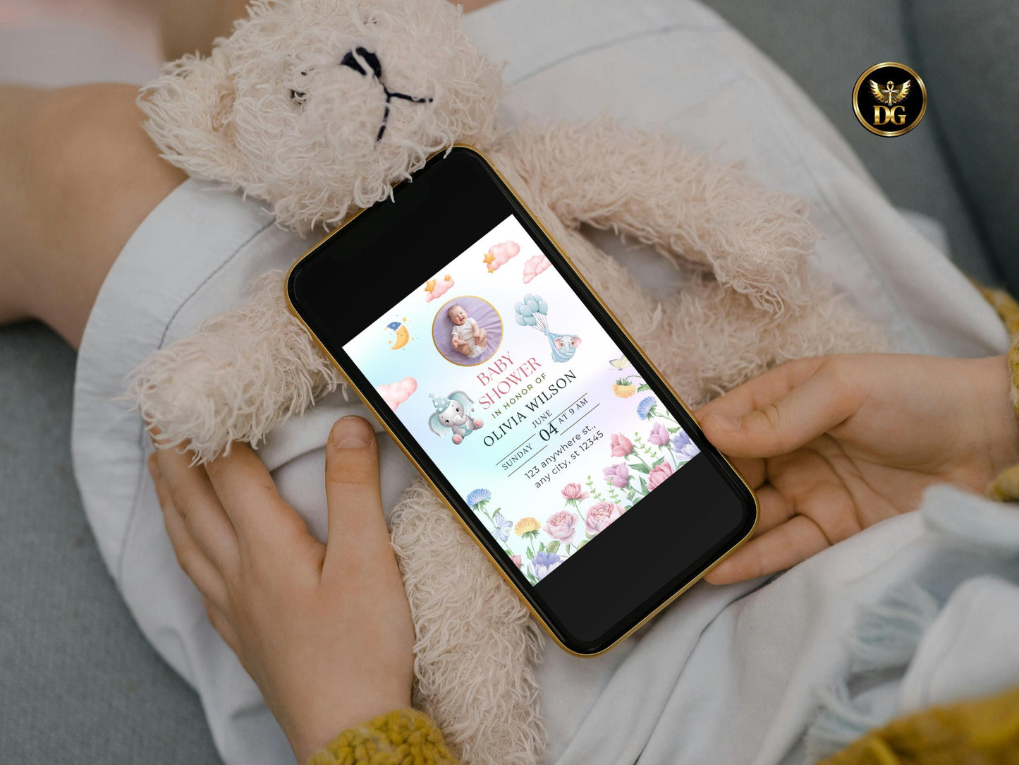 Floral Elephant Baby Shower Invitation:Editable Photo Template Digital Download Printable Invitation Template Editable Canva InstantDownload