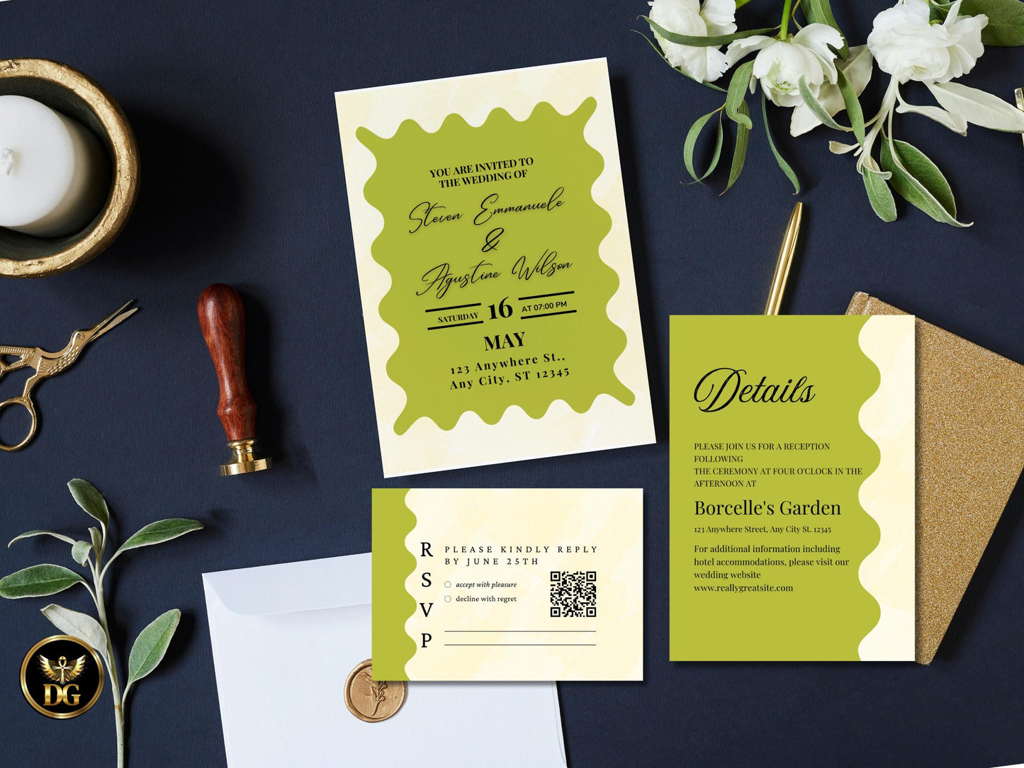 Elegant Green Wave Wedding Invitation, Editable Canva, RSVP & Details Set