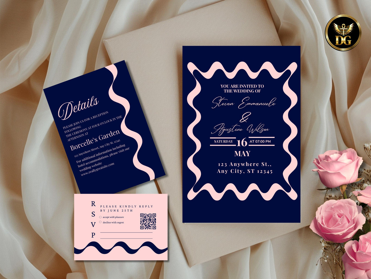 Navy Blue Wedding Invitation Set, Elegant Wavy Frame Wedding Invite, Pink Trend Wedding Template, RSVP & Details Card, Front and Back Design