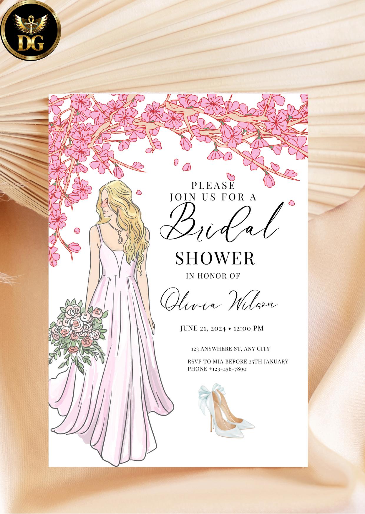 Elegant Bridal Shower Invitation Suite Template - Pink Cherry Blossom, Gold Accents, Editable Digital Download Printable Invitation Template