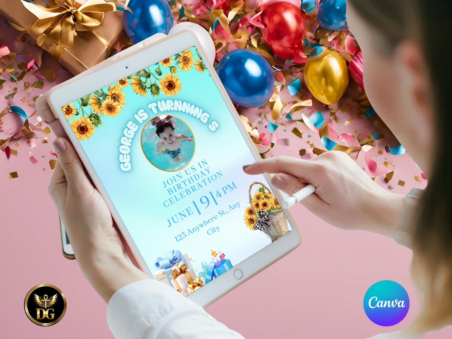 Custom Sunflower Photo Birthday Invitation Cheerful Kids Party Digital Download Printable Invitation Template Editable Canva InstantDownload