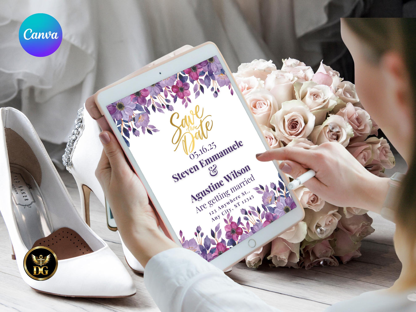 Purple Floral Wedding Invitation Suite Editable Canva Template Digital Download Printable Invitation Template Editable Canva InstantDownload