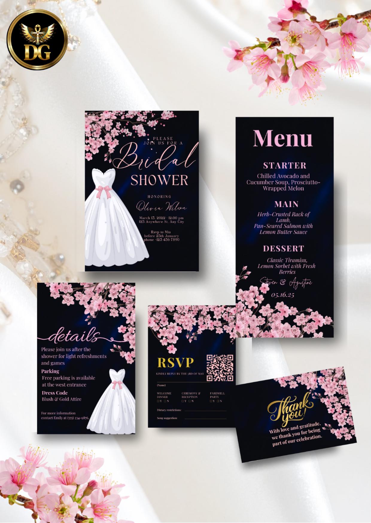 Navy Velvet Bridal Shower Invitation Suite Pink Cherry Blossom Digital Download Printable Invitation Template Editable Canva InstantDownload
