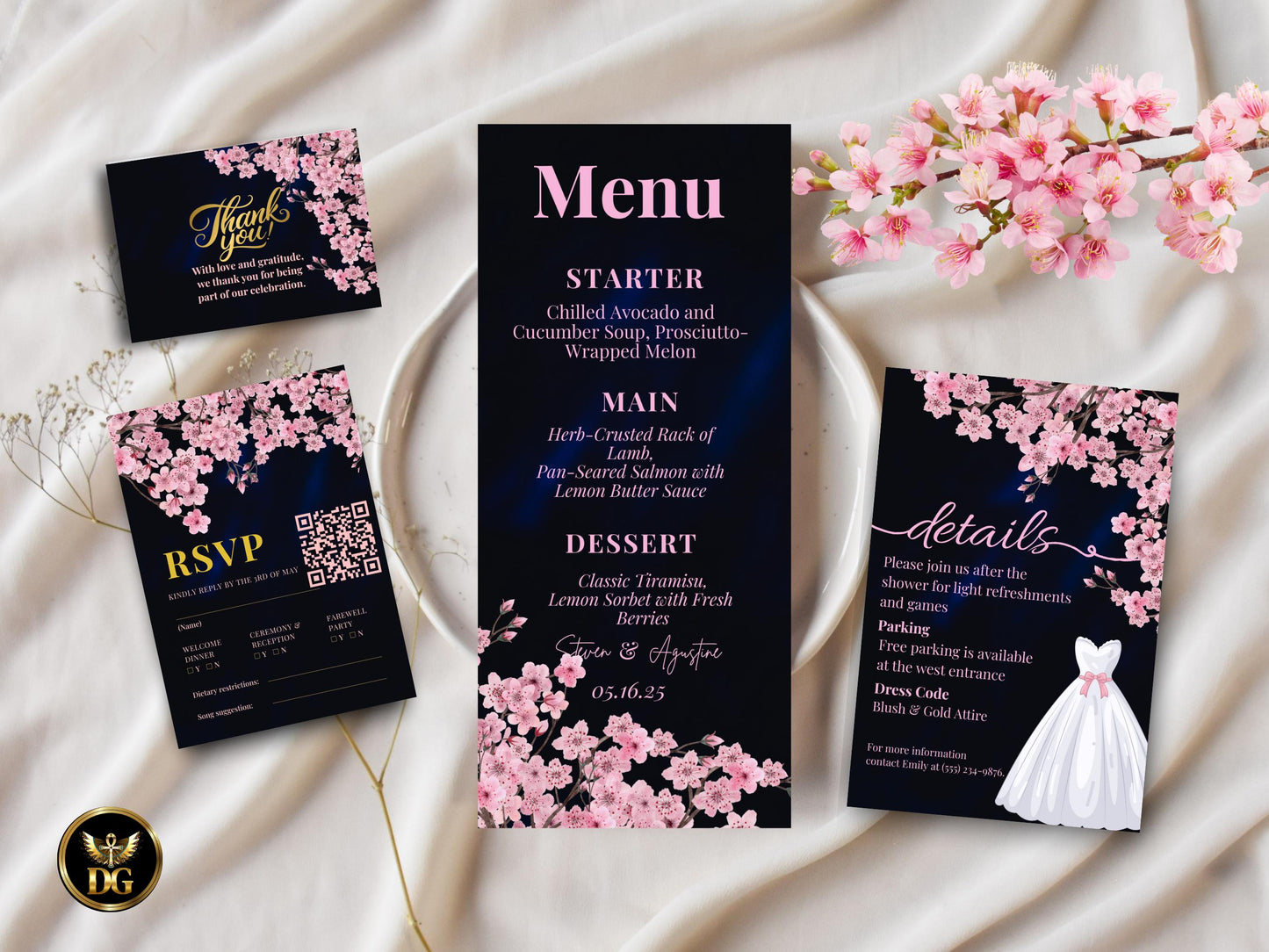 Navy Velvet Bridal Shower Invitation Suite Pink Cherry Blossom Digital Download Printable Invitation Template Editable Canva InstantDownload