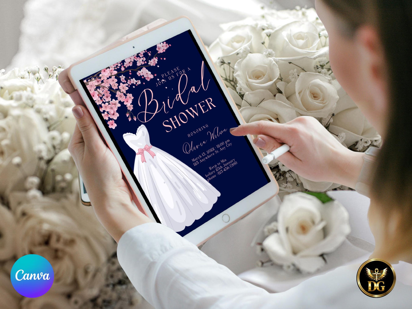 Navy Velvet Bridal Shower Invitation Suite Pink Cherry Blossom Digital Download Printable Invitation Template Editable Canva InstantDownload