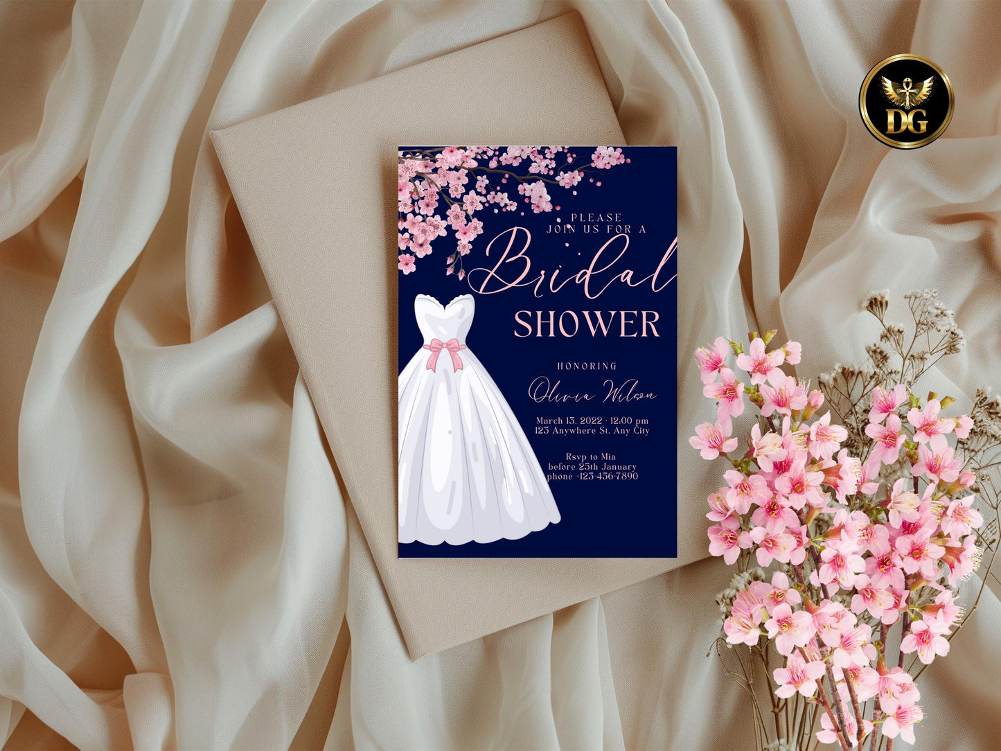 Navy Velvet Bridal Shower Invitation Suite Pink Cherry Blossom Digital Download Printable Invitation Template Editable Canva InstantDownload
