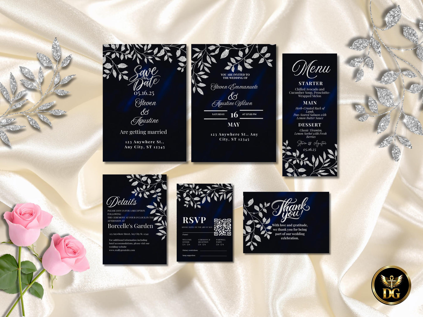 Navy Silver Wedding Invitation Suite Elegant Template Editable Formal Winter Wedding Invite Bundle Printable Template