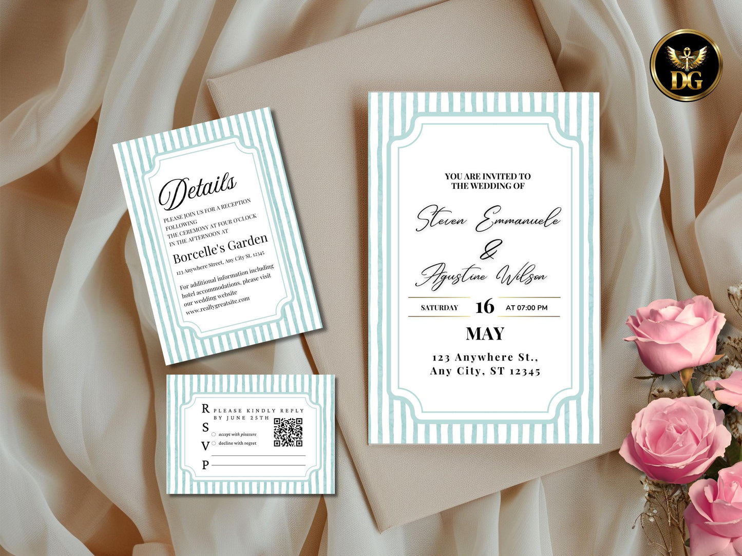 Striped Green Wedding Invitation | Light Green Elegant Wedding Suite | Editable Invitation, Details & RSVP
