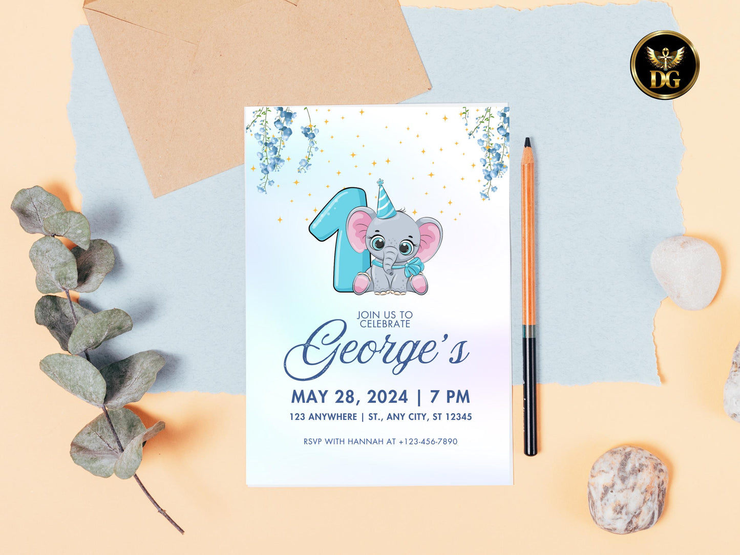Elephant 1st Birthday Invitation: Blue Party Invite Template Digital Download Printable Invitation Template Editable Canva Instant Download