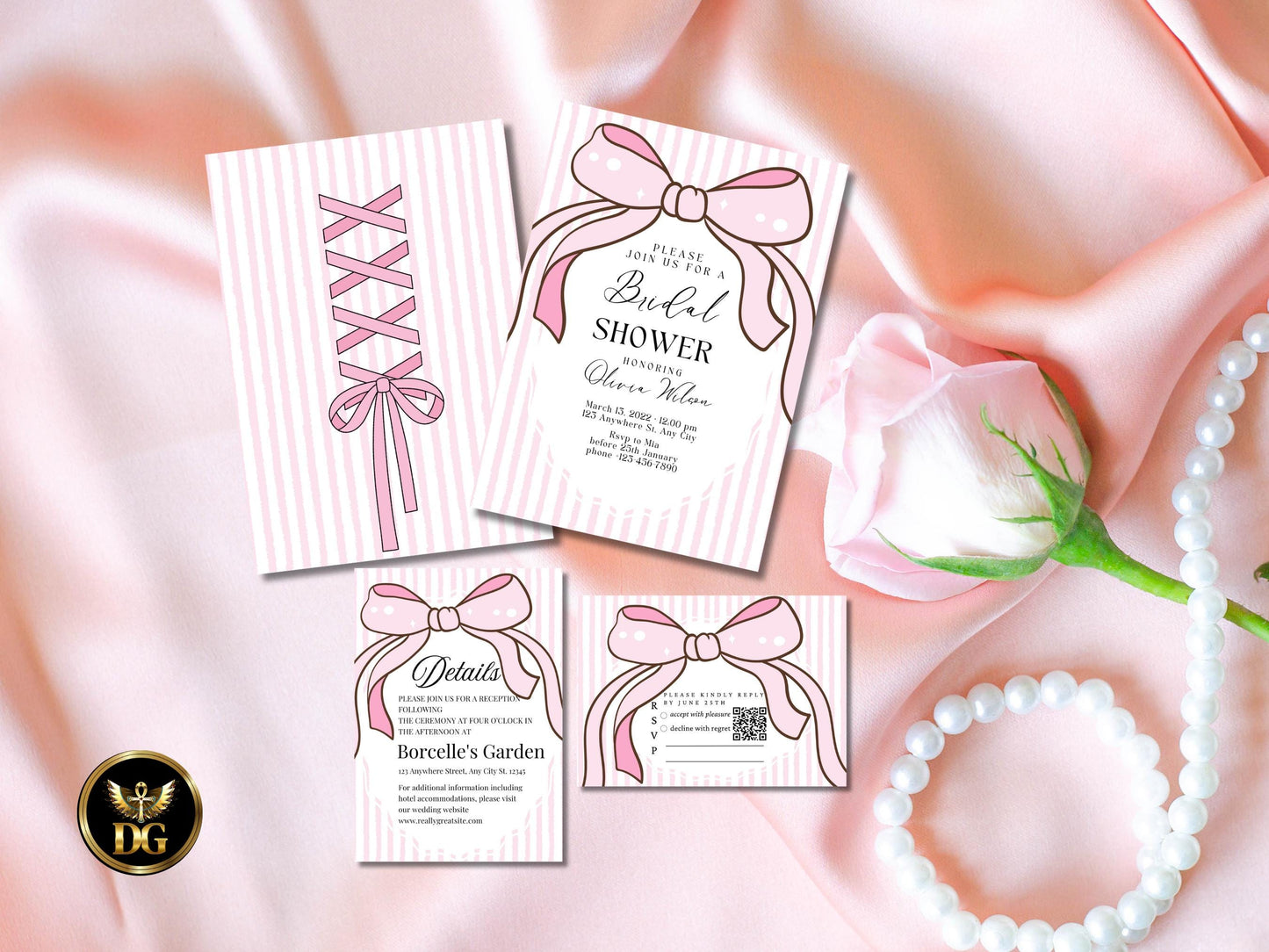 Pink Bow Bridal Shower Invitation Set | Elegant White  Pink Striped Bridal Shower Card | RSVP & Details Card | Printable Template
