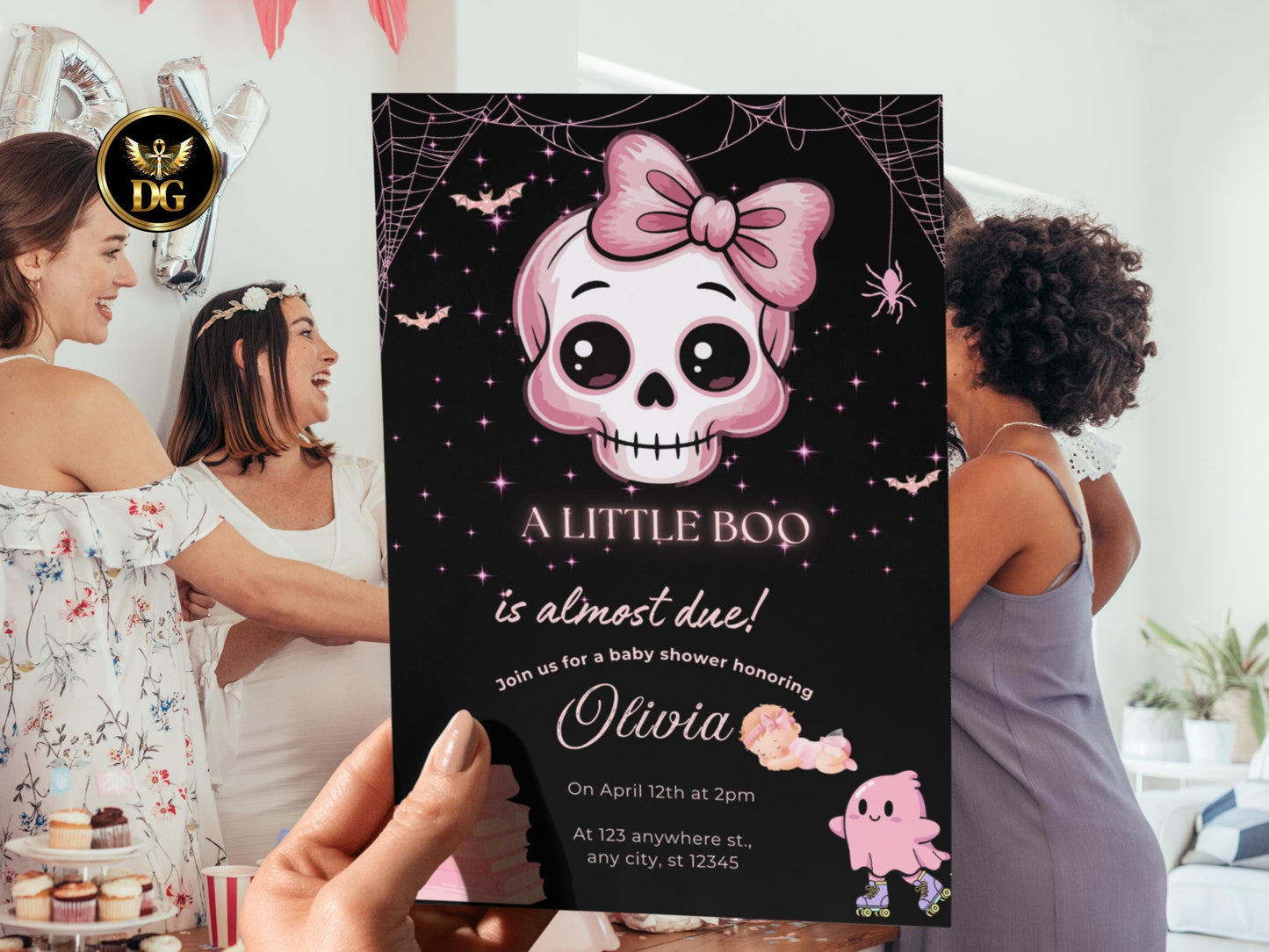 Halloween Baby Shower Invitation Set - Little Boo Pink Skull Girl Theme Printable, Diaper Raffle & Books for Baby Cards, Instant Download