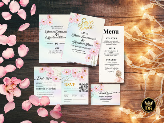 Elegant Cherry Blossom Wedding Invitation Suite: Pink Floral (Digital Download)Printable Invitation Template Editable Canva Instant Download