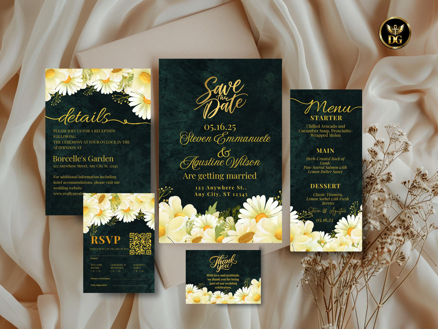 Emerald Velvet Floral Wedding Invitation Suite (Digital Download) Printable Invitation Template Editable Canva Instant Download